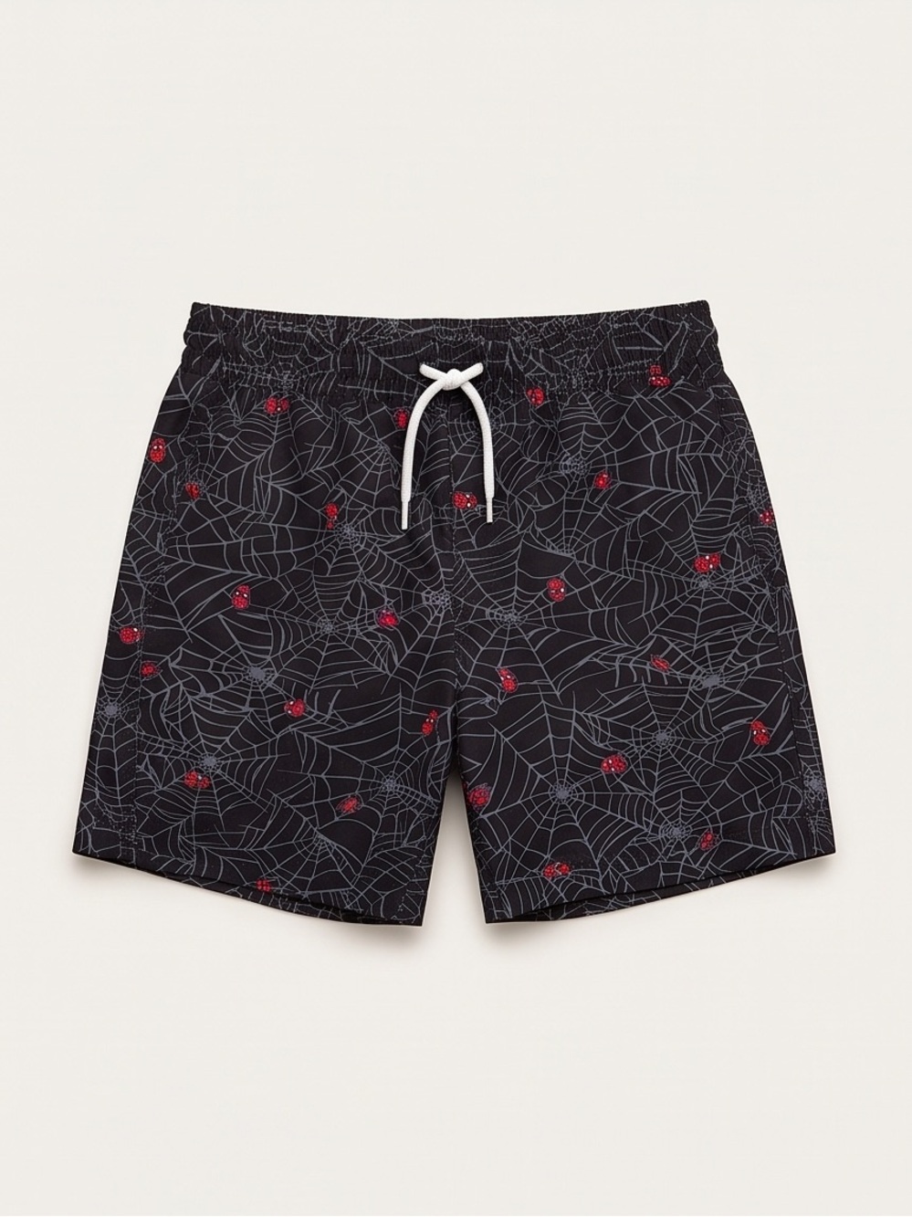 Boys Black Spider Web Print Swim Shorts with Red Accents